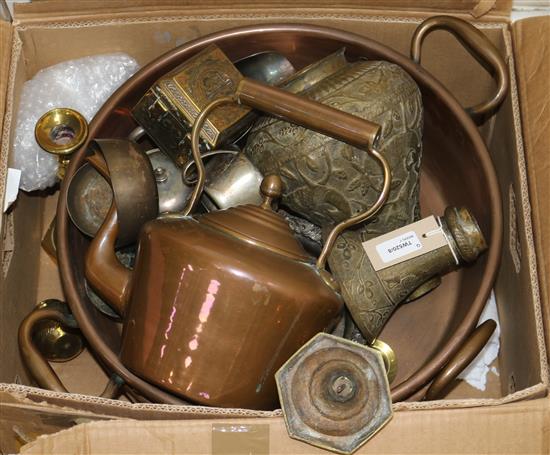 A collection of metalware, including two copper two-handled preserve pans,